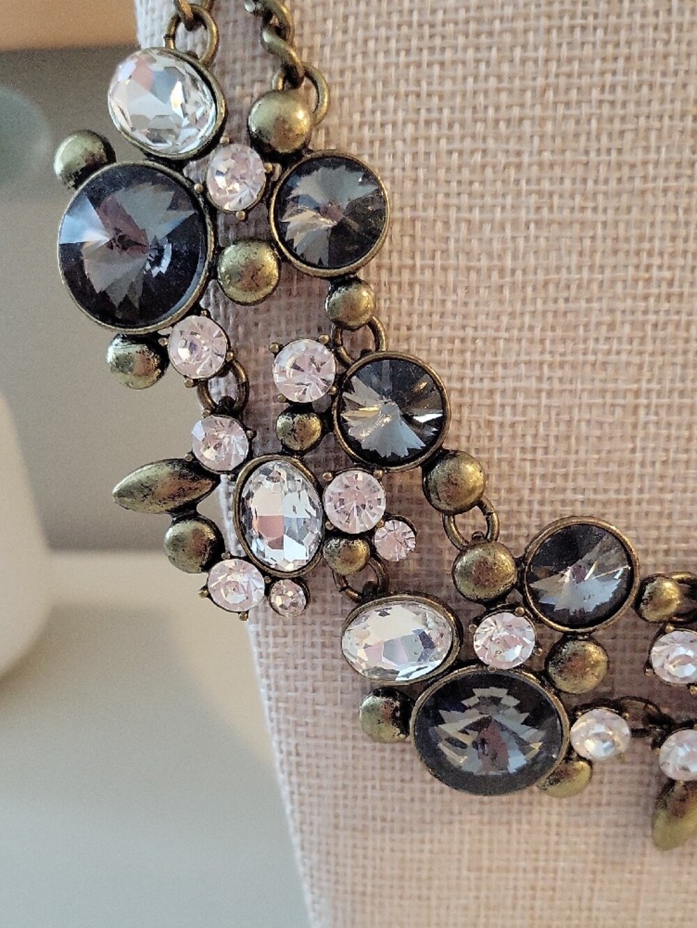 The Limited Antique Gold Floral Crystal Bib Necklace in Gray and Clear - Picture 4 of 11
